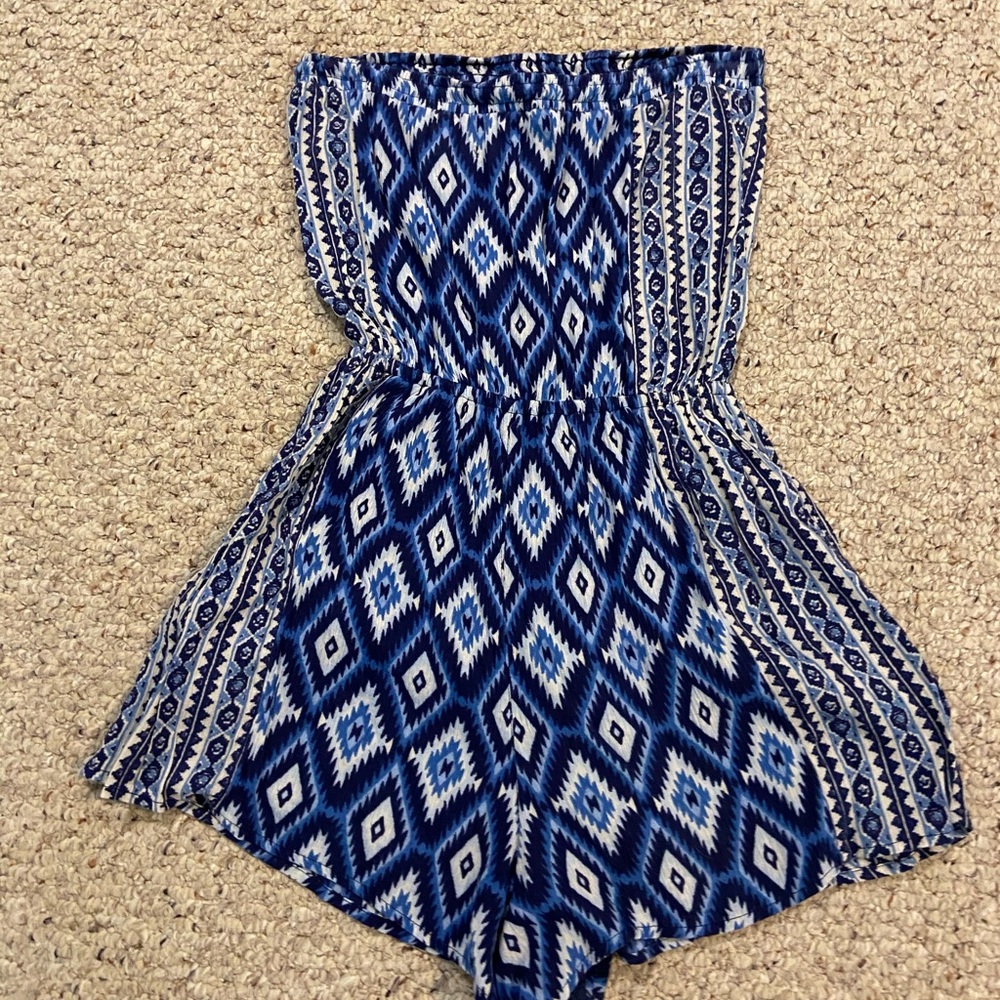 Hollister Romper Shorts Strapless Tassel Blue Med